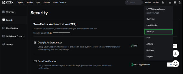 تنظیمات امنیتی و تایید حساب کاربری در KCEX